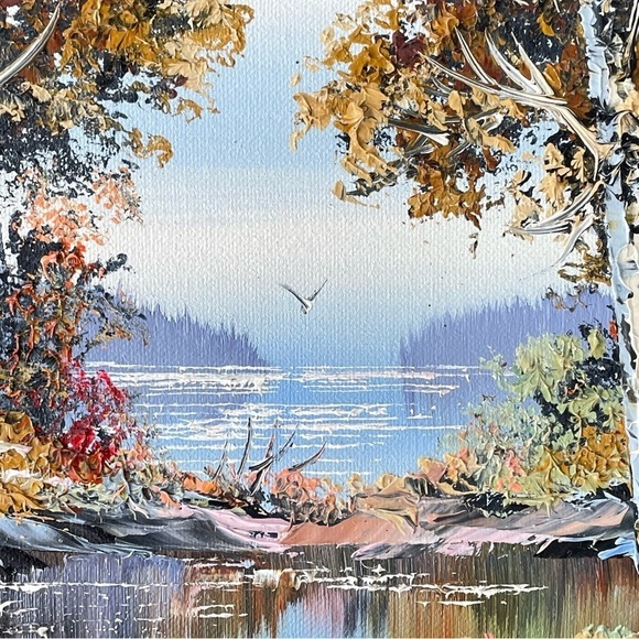 VINTAGE Oil on Canvas Painting Autumn Lake Scene Signed by Artist - Picture 11 of 12